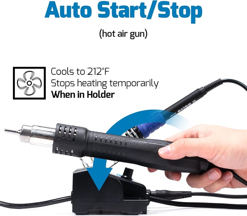 WeP 882D Soldering Iron Station 2-IN-1 SMD Hot Air Rework Station with 2 Spools of Solder Wire, 5 Soldering Tips, 3 Hot Air Nozzles, Brass Wool Tip Cleaner, Tweezers, Desoldering pump - Image 4
